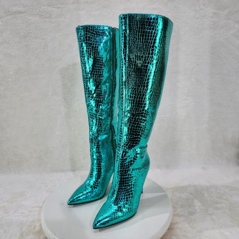 Green Metallic  Festive   Pointy Toe Boots With 4 inch Stiletto Heel - Picture 7 of 10
